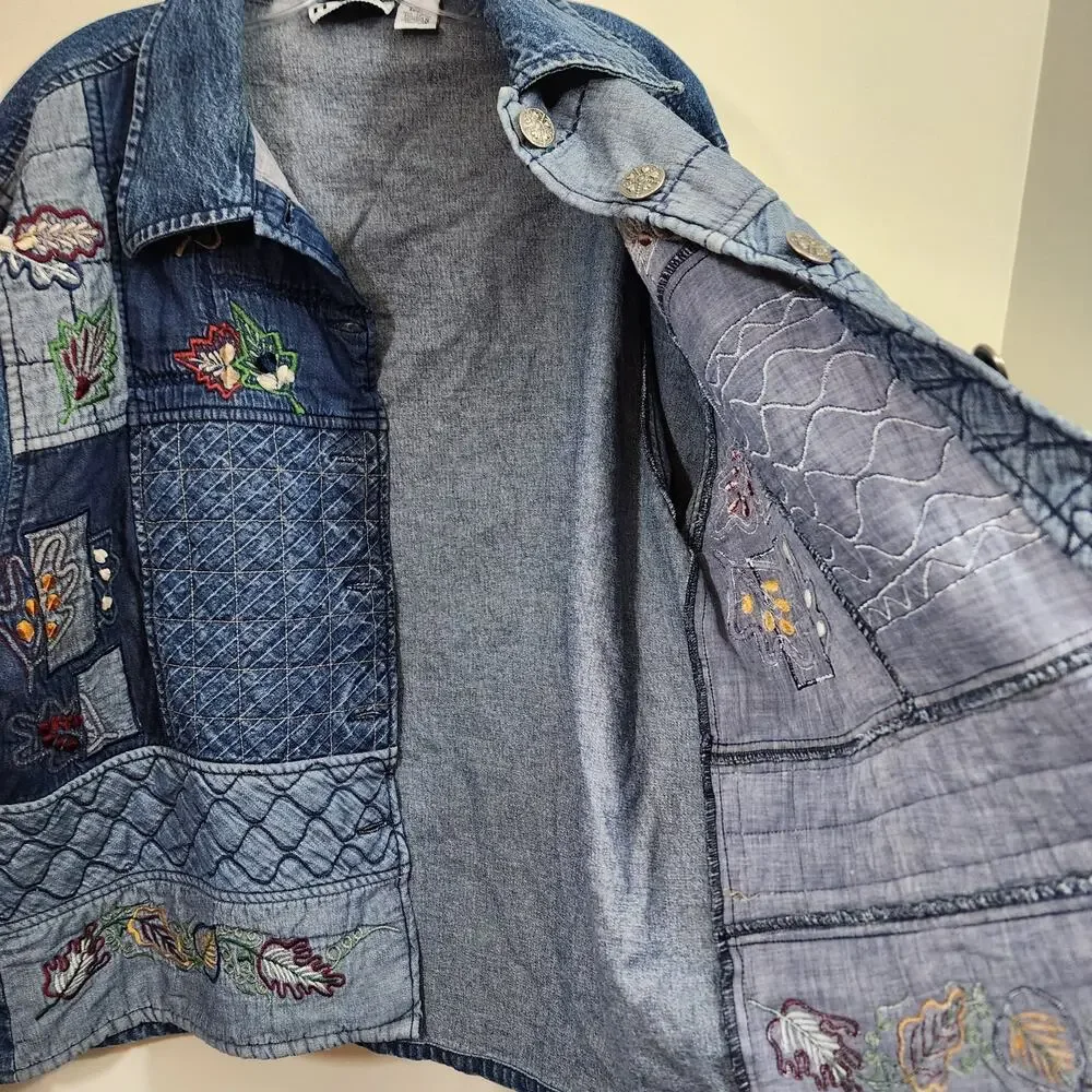 Vintage Keren Hart embroidered and quilted denim button front jacket woman sz XL